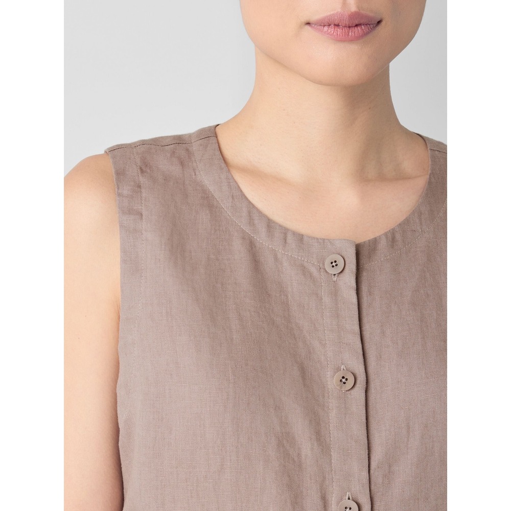 Eileen Fisher Sleeveless Button Front Top Women Est Small P Brown Organic Linen - Picture 3 of 15